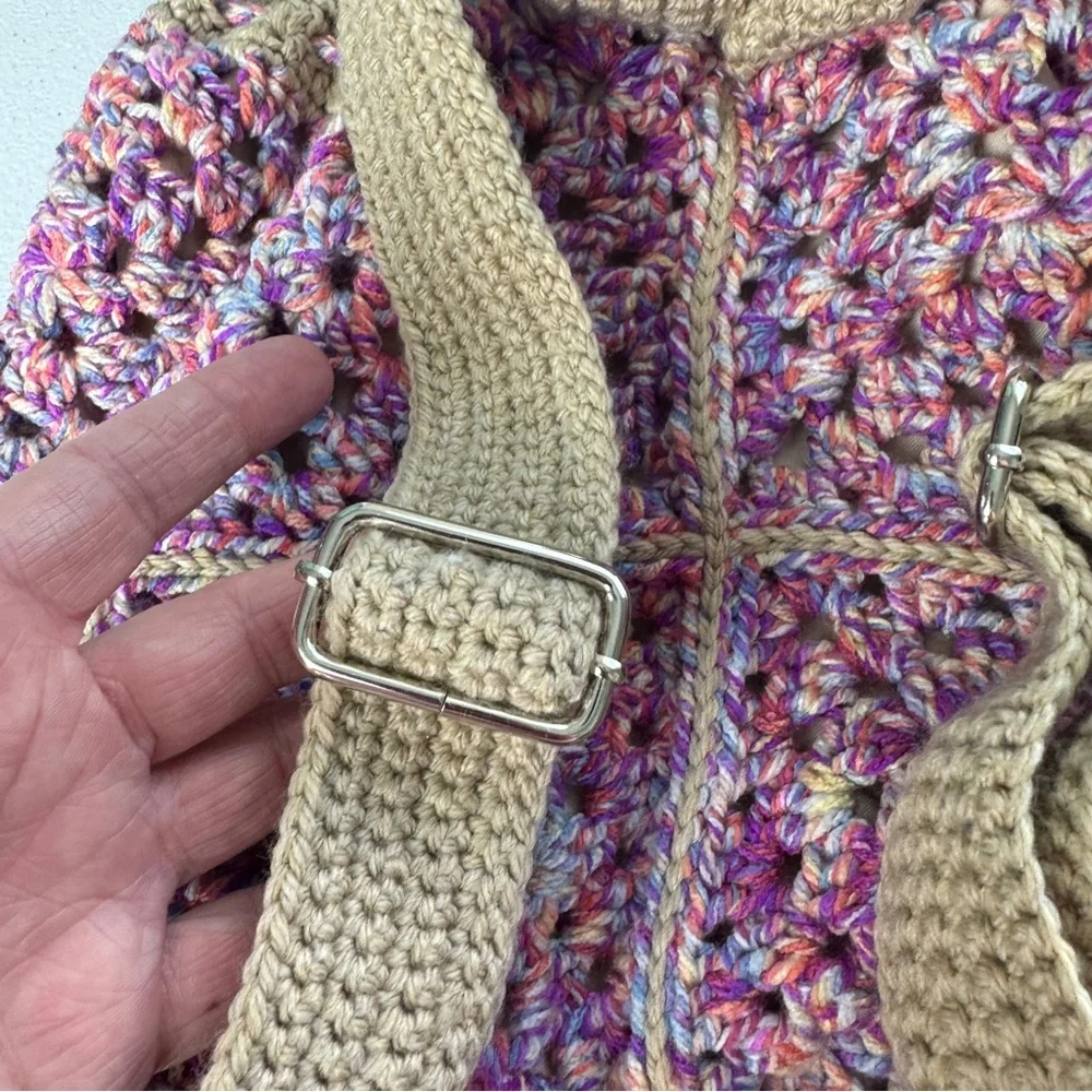 Boho Handmade Crochet Granny Square Drawstring Backpack‎ Bag Purse Pink Tan